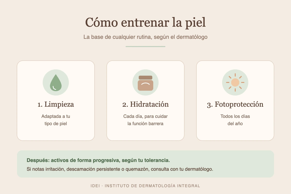 Cómo entrenar la piel: infografía con los tres pilares de la rutina, limpieza, hidratación y fotoprotección