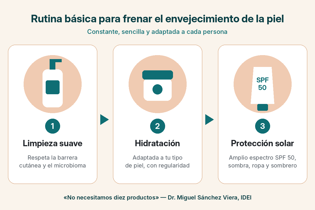 Infografía de la rutina facial en 3 pasos: limpieza suave, hidratación y protector solar SPF 50
